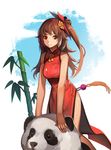  brown_eyes brown_hair china_dress chinese_clothes dress highres kamisakai long_hair original panda side_slit sleeveless solo 