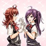  ahoge arashi_(kantai_collection) belt black_vest brown_eyes buttons eye_contact gloves hagikaze_(kantai_collection) holding_hands kantai_collection kerchief long_hair looking_at_another multiple_girls neck_ribbon one_side_up open_mouth pleated_skirt purple_hair red_hair red_neckwear red_ribbon ribbon short_sleeves skirt smile tk8d32 uniform vest white_gloves 