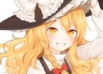  arm_up bad_id bad_twitter_id blonde_hair blush bow braid cropped face grin hair_bow hair_ornament hajin hat hat_ribbon kirisame_marisa long_hair long_sleeves looking_at_viewer orange_eyes portrait ribbon shirt side_braid simple_background single_braid smile solo touhou turtleneck vest wavy_hair white_background witch_hat 