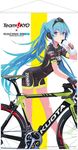  ad artist_request bicycle bicycle_chain biker_clothes bikesuit black_gloves blue_eyes blue_hair bottle drinking fingerless_gloves gloves ground_vehicle hatsune_miku helmet highres leaning_forward long_hair looking_at_viewer official_art road_bicycle short_sleeves solo standing very_long_hair vocaloid water_bottle 