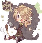  :o animal_ears blonde_hair blue_eyes braid chibi fang full_body hair_over_one_eye kemonomimi_mode lion_ears lion_tail male_focus open_mouth ponytail shishiou shishiou_no_mofumofu sitting tail touken_ranbu translation_request transparent_background usamata 