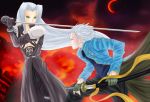  2boys black_gloves blue_coat blue_eyes closed_mouth coat crossover devil_may_cry duel fighting fighting_stance final_fantasy final_fantasy_vii fingerless_gloves gloves green_eyes holding holding_sword holding_weapon katana long_hair long_sword male_focus moon multiple_boys red_moon sephiroth sheath short_hair shoulder_armor silver_hair spiked_hair sword vergil very_long_hair weapon white_hair yamato_(sword) zelgi 