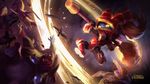  alternate_costume armor blue_skin hammer highres league_of_legends official_art pointy_ears poppy red_armor scarlet_hammer_poppy solo twintails yellow_eyes yellow_sclera 
