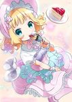  aqua_eyes bangs blonde_hair bonnet cake commentary_request crepe cup dress food frills fruit gochuumon_wa_usagi_desu_ka? highres kirima_sharo lolita_fashion looking_at_viewer neki_(wakiko) pantyhose pink_legwear ribbon short_hair slice_of_cake smile solo strawberry sweet_lolita teacup tippy_(gochiusa) twitter_username wrist_cuffs 