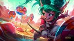  alternate_costume candy fang food green_eyes green_hair highres league_of_legends lollipoppy official_art pointy_ears poppy solo twintails 
