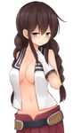  bad_id bad_nicoseiga_id bare_shoulders belt black_hair blush braid breasts cleavage collarbone cowboy_shot gloves green_eyes hair_between_eyes hair_ribbon hand_on_own_chest kantai_collection long_hair looking_away medium_breasts mizushina_minato navel no_bra noshiro_(kantai_collection) open_clothes open_shirt pleated_skirt red_skirt ribbon shirt sidelocks simple_background skirt solo standing stomach twin_braids very_long_hair white_background white_gloves 