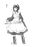  apron ballet_boots bdsm boots cross-laced_footwear flying_sweatdrops full_body high_heel_boots high_heels lace-up_boots maid maid_headdress monochrome open_mouth shirley_(manga) shirley_medison short_hair simple_background solo teapot translated tray trembling ufo_koikoi white_background 