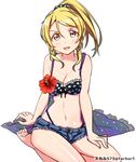  artist_name ayase_eli barefoot bikini blonde_hair blue_eyes breasts cleavage cutoffs denim denim_shorts flower front-tie_top hair_ornament hair_scrunchie hibiscus looking_at_viewer love_live! love_live!_school_idol_project medium_breasts midriff navel polka_dot polka_dot_bikini polka_dot_scrunchie polka_dot_swimsuit ponytail scrunchie seiza short_shorts shorts simple_background sitting skull573 solo swimsuit twitter_username white_background 
