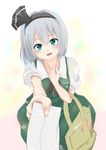  :d bag black_hairband blush carrying_bag commentary dress_shirt foreshortening giving hair_ribbon hairband hand_on_own_chest head_tilt konpaku_youmu looking_at_viewer nise6 open_mouth pov ribbon shirt short_hair silver_hair skirt skirt_set smile solo tissue touhou vest 