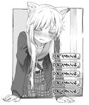  animal_ears arm_support belt blush cat_ears cat_tail choice clenched_teeth full-face_blush greyscale hair_over_shoulder jacket leaning_forward long_hair looking_at_viewer monochrome open_clothes open_jacket original pantyhose pine pine-chan_ver._1 plaid plaid_skirt school_uniform screentones serafuku skirt slit_pupils solo tail teeth translation_request trembling twintails 