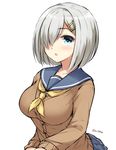  blue_eyes breasts cardigan don_(29219) hair_ornament hair_over_one_eye hairclip hamakaze_(kantai_collection) kantai_collection large_breasts looking_at_viewer open_mouth pleated_skirt school_uniform serafuku short_hair silver_hair simple_background skirt solo twitter_username white_background 