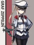  aircraft airplane bf_109 black_legwear blonde_hair breasts brown_gloves capelet celtic_knot character_name cowboy_shot cross gloves graf_zeppelin_(kantai_collection) grey_eyes hair_between_eyes hand_on_hip hat highres impossible_clothes jacket kantai_collection large_breasts light_smile looking_at_viewer military military_uniform miniskirt necktie pale_skin pantyhose peaked_cap rabochicken remodel_(kantai_collection) sidelocks skirt smile solo twintails uniform 