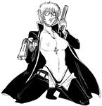  bad_id bad_pixiv_id between_breasts breasts cross cross_necklace dual_wielding full_body glasses gloves greyscale gun handgun heinkel_wolfe hellsing highleg highleg_panties holding jacket jewelry kikai_ningen kneeling large_breasts monochrome navel necklace nipples opaque_glasses open_clothes open_fly open_jacket panties pistol pubic_hair pubic_hair_peek round_eyewear shirtless short_hair solo underwear unzipped weapon 