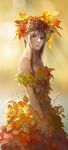 autumn autumn_leaves backlighting bad_id bad_pixiv_id bare_shoulders berries black_eyes black_hair bride chin_strap collarbone commentary dress flower food fruit grapes hair_ornament head_tilt leaf light_smile lips long_hair looking_at_viewer original sae_(revirth) solo 