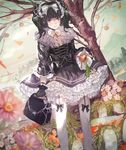  bag black_eyes black_gloves black_hair bow bow_legwear carrot dress fingerless_gloves flower food frilled_dress frills fruit garter_straps gloves gothic_lolita hair_bow handbag highres lolita_fashion looking_at_viewer ori_(momonimo) original persimmon solo thighhighs tree twintails white_legwear 