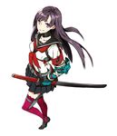  7th_dragon_(series) 7th_dragon_2020 belt black_hair full_body gauntlets katana knife kujou_tsubaki long_hair looking_at_viewer miwa_shirou pleated_skirt purple_eyes purple_legwear samurai_(7th_dragon_2020) school_uniform serafuku sheath sheathed simple_background skirt smile solo sword thigh_strap thighhighs weapon white_background zettai_ryouiki 