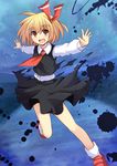  between_breasts blonde_hair breasts cross_(crossryou) dissolving_clothes hair_ribbon long_sleeves looking_at_viewer necktie necktie_between_breasts open_mouth outstretched_arms red_eyes ribbon rumia shirt skirt skirt_set smile solo touhou vest 