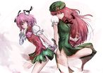  bad_id bad_pixiv_id bandages black_ribbon braid bun_cover chain clenched_hand double_bun dyolf expressionless green_eyes green_skirt hair_ribbon hat hong_meiling ibaraki_kasen leg_up looking_at_another multiple_girls pink_hair puffy_short_sleeves puffy_sleeves red_eyes red_hair ribbon short_sleeves skirt standing standing_on_one_leg star touhou wrist_cuffs 