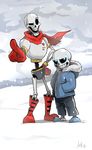  armor boots brothers gloves glowing glowing_eyes grin hands_in_pockets hood hoodie multiple_boys papyrus_(undertale) pointing pointing_at_viewer sans scarf shorts siblings signature skeleton slippers smile snow undertale vengefulspirits 