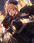  artist_request black_dress black_gloves black_wings brown_eyes brown_hair dress earrings feathers flower gloves idolmaster idolmaster_million_live! jewelry lace lace_gloves looking_at_viewer microphone microphone_stand music official_art rose singing solo tenkuubashi_tomoka wings 
