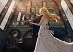  1girl arima_kousei black_hair blonde_hair bow_(instrument) column dress flower formal glasses hair_flower hair_ornament indoors instrument long_hair manoma miyazono_kawori music open_mouth piano pillar playing_instrument shigatsu_wa_kimi_no_uso sitting suit violin white_dress window 