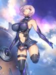  armor bare_shoulders black_legwear breasts detached_sleeves fate/grand_order fate_(series) hair_over_one_eye highres large_breasts leotard looking_at_viewer mash_kyrielight melon22 navel navel_cutout pink_eyes pink_hair shield short_hair solo standing standing_on_one_leg thigh_strap thighhighs thighs 