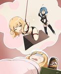  :d arms_behind_back bdsm black_bra black_legwear black_panties blanket blonde_hair blue_eyes blue_hair bondage bound bra brand_name_imitation dominatrix dreaming fang furutani_himawari highres lingerie masochism multiple_girls nightmare one_eye_closed oomuro_sakurako open_mouth panties riding_crop root_beer rope sharpffffff shibari sleeping smile suspension sweatdrop thighhighs thought_bubble translated underwear underwear_only wince wooden_horse yuri yuru_yuri 