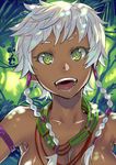  :d armlet bare_shoulders braid breasts close-up commentary_request dappled_sunlight dark_skin face green_eyes hair_ornament hair_over_shoulder long_hair looking_at_viewer medium_breasts nanboku open_mouth original silver_hair smile solo sunlight teeth tribal twin_braids upper_body 