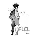  artist_name backpack bag copyright_name facing_away flcl from_behind greyscale hood hoodie male_focus monochrome nandaba_naota shadow shorts socks solo text_focus tsurumaki_kazuya white_background 