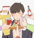  brothers brown_hair cheese_trail cup disposable_cup feeding food french_fries holding_pizza hot_sauce jacket kua_(qa) male_focus matsuno_choromatsu matsuno_ichimatsu matsuno_juushimatsu matsuno_karamatsu matsuno_osomatsu matsuno_todomatsu multiple_boys napkin one_eye_closed osomatsu-kun osomatsu-san pizza sextuplets siblings simple_background slice_of_pizza soda solo_focus sunglasses tabasco upper_body white_background 
