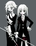  1other androgynous bangs black_eye blood bloody_clothes bruise crona_(soul_eater) dress injury looking_at_viewer maka_albarn necktie ragnarok_(demon_sword) sakurazawa_izumi school_uniform short_hair skirt soul_eater soul_eater_(character) sword twintails weapon 