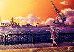  aqua_eyes aqua_hair ascot back brown_legwear building cloud crane hair_ornament hairclip jacket kantai_collection long_hair looking_back machinery ocean open_mouth paraiso pleated_skirt shipyard skirt smile solo sunset suzuya_(kantai_collection) thighhighs water 