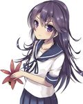  akebono_(kantai_collection) alternate_hairstyle bad_id bad_twitter_id bell blue_skirt closed_mouth commentary_request flower hair_bell hair_down hair_flower hair_ornament hair_ornament_removed jingle_bell kantai_collection long_hair neck_ribbon pleated_skirt purple_eyes purple_hair ribbon school_uniform serafuku short_sleeves simple_background skirt solo tokoi white_background 