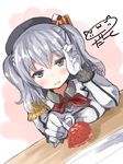  adjusting_hair ascot bangs beret blue_eyes blush breast_rest breasts darkside dutch_angle epaulettes feeding food fork fruit gloves hat kantai_collection kashima_(kantai_collection) long_hair looking_at_viewer medium_breasts open_mouth pov_feeding silver_hair sketch smile solo strawberry tsurime twintails uniform upper_body wavy_hair white_gloves 