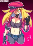  artist_name bandeau black_gloves breasts earrings fusion gloves gradient gradient_background green_eyes hair_over_one_eye hat jewelry large_breasts lips looking_at_viewer midriff navel pantyhose pink_background red_background rockman rockman_dash rog_rockbe roll_caskett short_shorts shorts solo strapless suspenders translated tron_bonne 