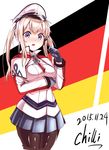  :o artist_name blonde_hair blue_eyes blush breast_hold breasts capelet celtic_knot chilli_(809908224q) dated flag_background german_flag gloves graf_zeppelin_(kantai_collection) hat highres kantai_collection long_hair looking_at_viewer miniskirt open_mouth pantyhose peaked_cap pleated_skirt sidelocks signature skirt solo twintails 
