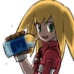  blonde_hair blush bottle brown_gloves energy_tank gloves green_eyes jacket long_hair looking_at_viewer muu_(mumumer) no_hat no_headwear rockman rockman_dash_3 roll_caskett solo sweat water_bottle white_background 