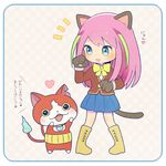  animal_ears aqua_eyes ayu_(mog) bad_id bad_pixiv_id blue_skirt blush boots cat cat_ears cat_paws cat_tail check_translation commentary_request crossover fangs fire full_body gloves haramaki hashimoto_nyaa heart jibanyan long_hair multiple_tails notched_ear open_mouth osomatsu-san paw_gloves paws pigeon-toed pink_hair pleated_skirt skirt spoken_heart standing tail tail-tip_fire translation_request two_tails youkai youkai_watch 
