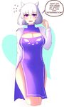  :d absurdres animal_ears bangs blunt_bangs blush breasts cleavage cleavage_cutout cowboy_shot cropped_legs dress english fang goat_ears highres horns humanization large_breasts long_sleeves looking_at_viewer nas_(z666ful) open_mouth pelvic_curtain purple_dress purple_eyes short_hair smile solo toriel undertale white_hair 