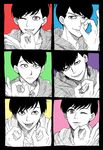  ;) bad_id bad_twitter_id black_border border brothers highres hood hoodie ichi_(13xxx) male_focus matsuno_choromatsu matsuno_ichimatsu matsuno_juushimatsu matsuno_karamatsu matsuno_osomatsu matsuno_todomatsu money_gesture multiple_boys one_eye_closed osomatsu-kun osomatsu-san partially_colored sextuplets siblings smile upper_body 