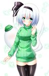  beanie black_hairband black_legwear blush commentary_request green_eyes green_sweater hair_ribbon hairband hat highres konpaku_youmu konpaku_youmu_(ghost) long_sleeves naked_sweater osashin_(osada) ribbed_sweater ribbon silver_hair smile solo sweatdrop sweater thigh_gap thighhighs touhou turtleneck zettai_ryouiki 