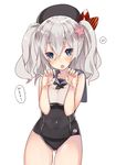  alternate_costume bare_shoulders beret blue_eyes blush cosplay covered_navel crop_top flower hair_flower hair_ornament hat kantai_collection kashima_(kantai_collection) open_mouth paw_pose ro-500_(kantai_collection) ro-500_(kantai_collection)_(cosplay) sailor_collar sakofu school_swimsuit school_uniform serafuku sidelocks simple_background swimsuit swimsuit_under_clothes wavy_hair 