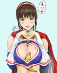  bad_id bad_twitter_id banana breasts brown_hair cape cleavage cleavage_cutout covered_nipples dead_or_alive food fruit gloves hairband heart heart_hands hitomi_(doa) large_breasts lips long_hair redlight smile solo 