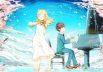  1girl arima_kousei blonde_hair bow_(instrument) brown_footwear brown_hair cloud dissolving dress glasses highres instrument miyazono_kawori music ota_tamashi piano playing_instrument shigatsu_wa_kimi_no_uso shoes spoilers violin white_dress 