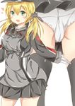  ass blonde_hair blush cameltoe commentary_request gloves green_eyes hat highres kantai_collection long_hair military military_uniform mtu_virus multiple_views open_mouth panties pikacchi prinz_eugen_(kantai_collection) shirt skirt smile thighhighs twintails underwear uniform upskirt white_panties 