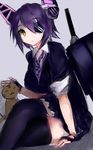  amii bad_id bad_pixiv_id black_legwear breasts cat crossed_legs eyepatch gloves headgear highres kantai_collection large_breasts looking_at_viewer necktie open_mouth partly_fingerless_gloves purple_hair school_uniform short_hair solo tenryuu_(kantai_collection) thighhighs yellow_eyes 