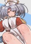  breasts brown_eyes covered_nipples diamond_(shape) dress frown granblue_fantasy large_breasts lavender_hair long_hair long_sleeves looking_at_viewer open_mouth sitting solo sophia_(granblue_fantasy) sweat toi_(toiot) twintails white_dress 