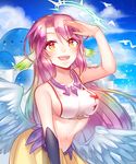  1girl :d animal bare_shoulders bird black_gloves blue_sky breasts brown_eyes building cloud collarbone crescent crescent_moon_pin crop_top day gloves halo hand_on_forehead jewelry jibril_(no_game_no_life) leaning_forward long_hair looking_at_viewer low_wings medium_breasts midriff navel neck_ring no_game_no_life open_mouth pink_hair pleated_skirt salute sanme shirt sideboob single_glove skirt sky smile solo stomach symbol-shaped_pupils tattoo taut_clothes taut_shirt very_long_hair white_wings wing_ears wings yellow_skirt 
