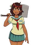  ajna_(indivisible) axe beads breasts brown_eyes brown_hair commentary cowboy_shot dark_skin greenmarine hair_ornament highres indivisible medium_breasts over_shoulder pleated_skirt school_uniform serafuku short_hair skirt smile solo weapon weapon_over_shoulder white_background 