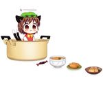  :3 animal_ears bebeneko bow bowl brown_eyes brown_hair cat_ears cat_tail chen commentary dress drooling food gap in_container inarizushi kitsune_udon multiple_tails nekomata plate pot red_dress shirt solo staring sushi tail touhou two_tails 